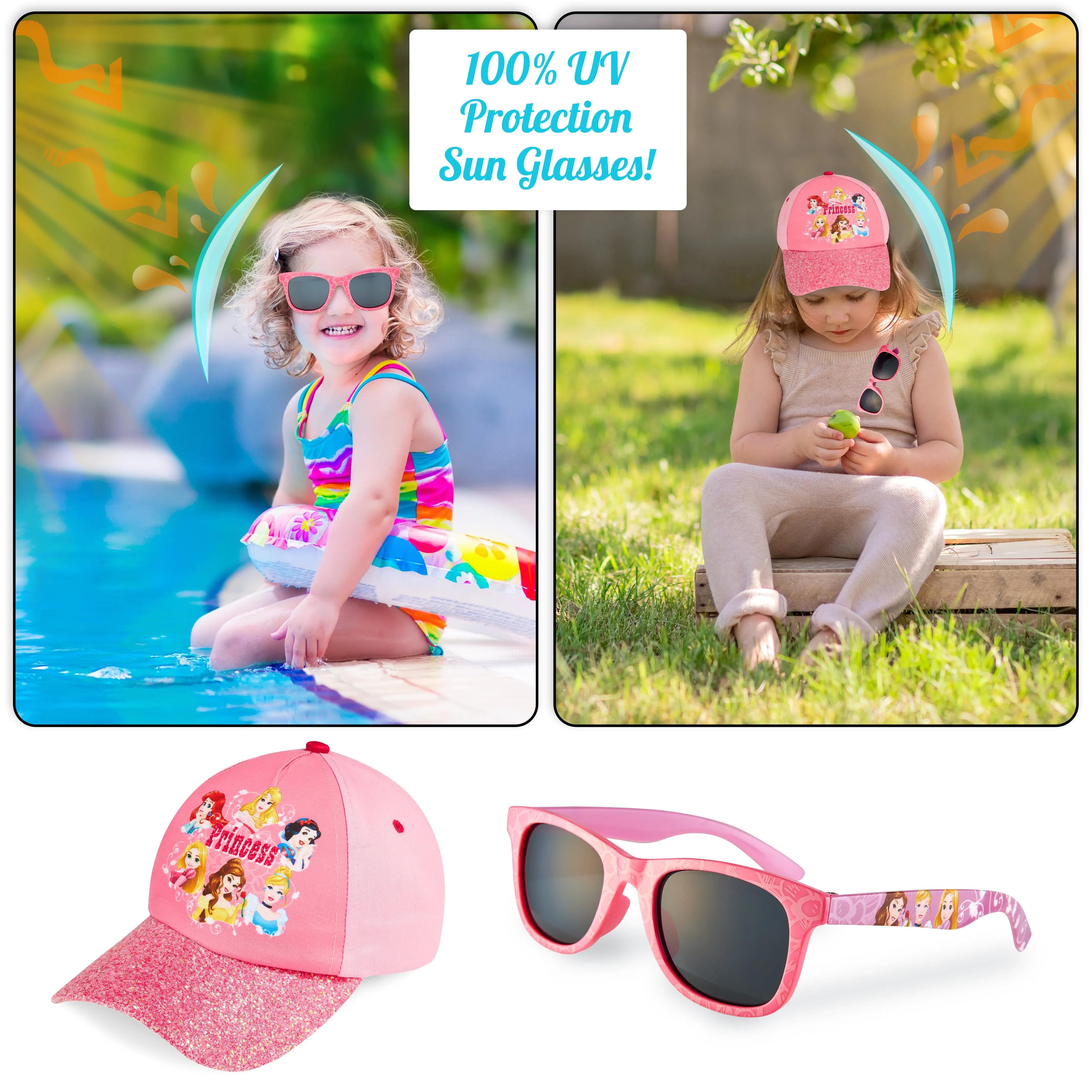 Disney Princess Baseball Cap & Kids Sunglasses, Girls Sun Hat & Sunglasses