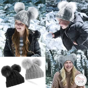 Double Pom Pom Beanie Hat - Infants, Junior & Adult sizes