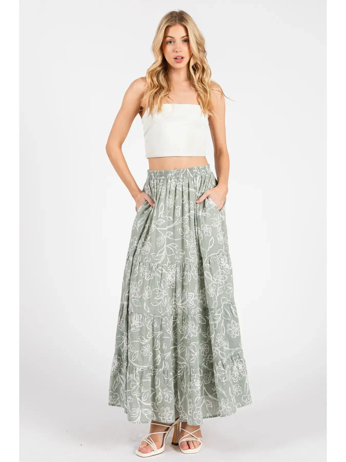 Elastic Waist Floral Maxi Skirt w/ Pockets