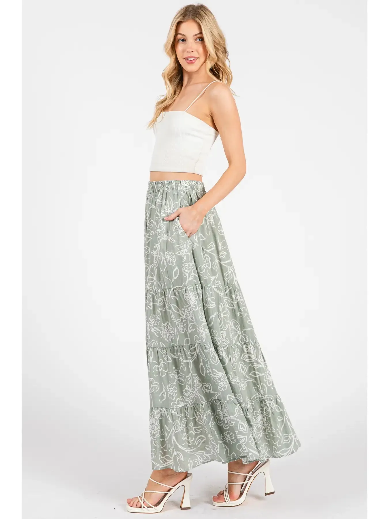 Elastic Waist Floral Maxi Skirt w/ Pockets