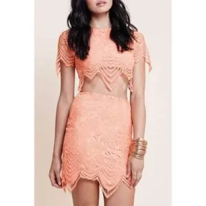 Fashionable Jewel Neck Floral Pattern Short Sleeve Crop Top   Mini Skirt For Women - Orangepink M
