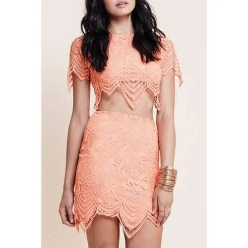 Fashionable Jewel Neck Floral Pattern Short Sleeve Crop Top   Mini Skirt For Women - Orangepink M