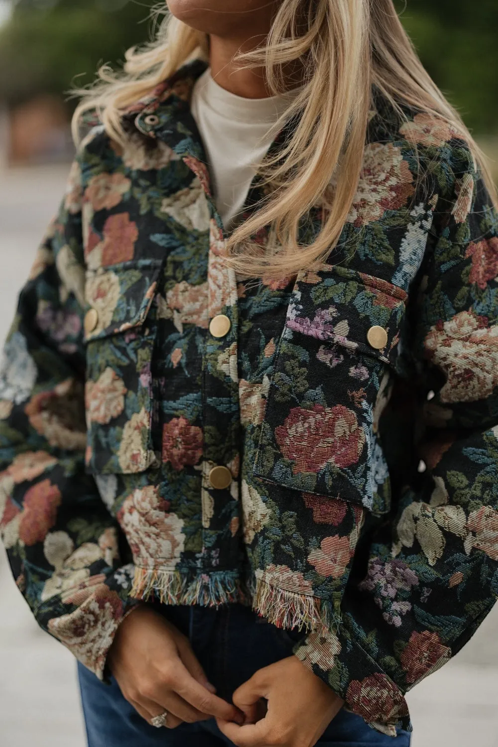Feyre Floral Frayed Cropped Jacket