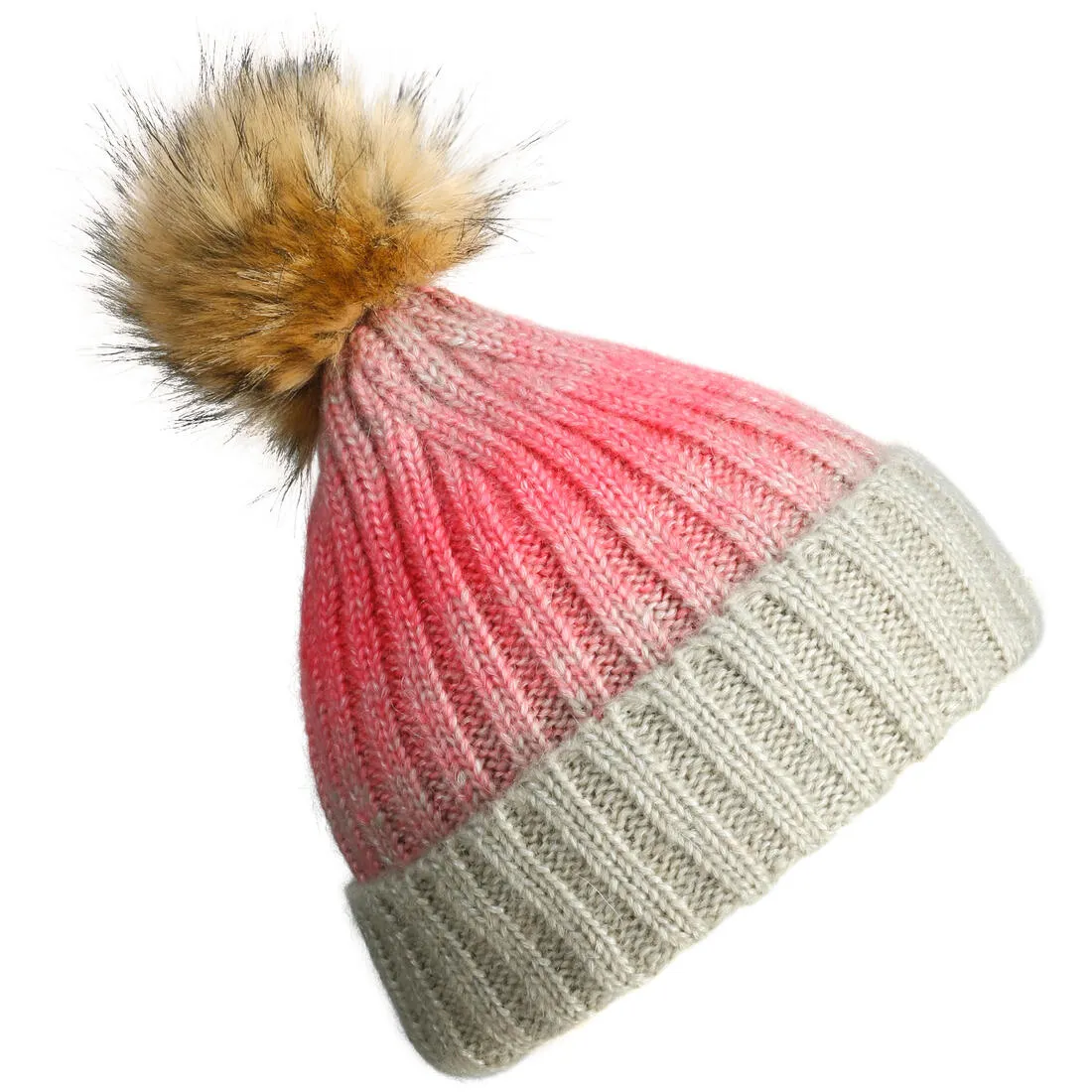 Girl's Fur Ski Hat - Beige/Pink