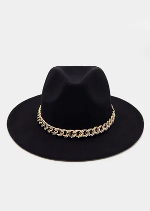 Gold Chain Band Black Fedora Hat