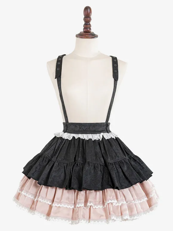 Gothic Lolita SK Jacquard Pink Grommets Ruffles Lolita Skirts