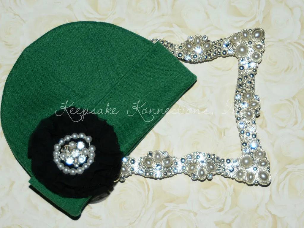 Green Beanie Hat with Rhinestone Chiffon Flower