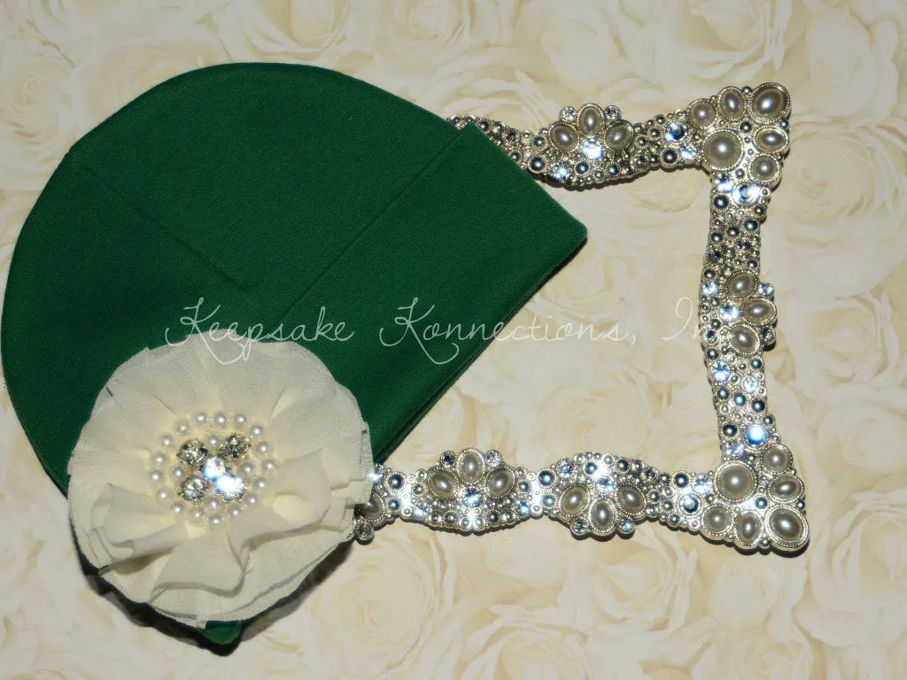 Green Beanie Hat with Rhinestone Chiffon Flower
