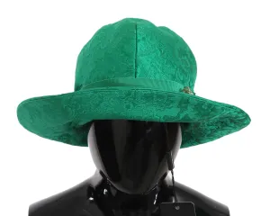 Green Brocade Floral Fedora Wide Brim Crystal Hat