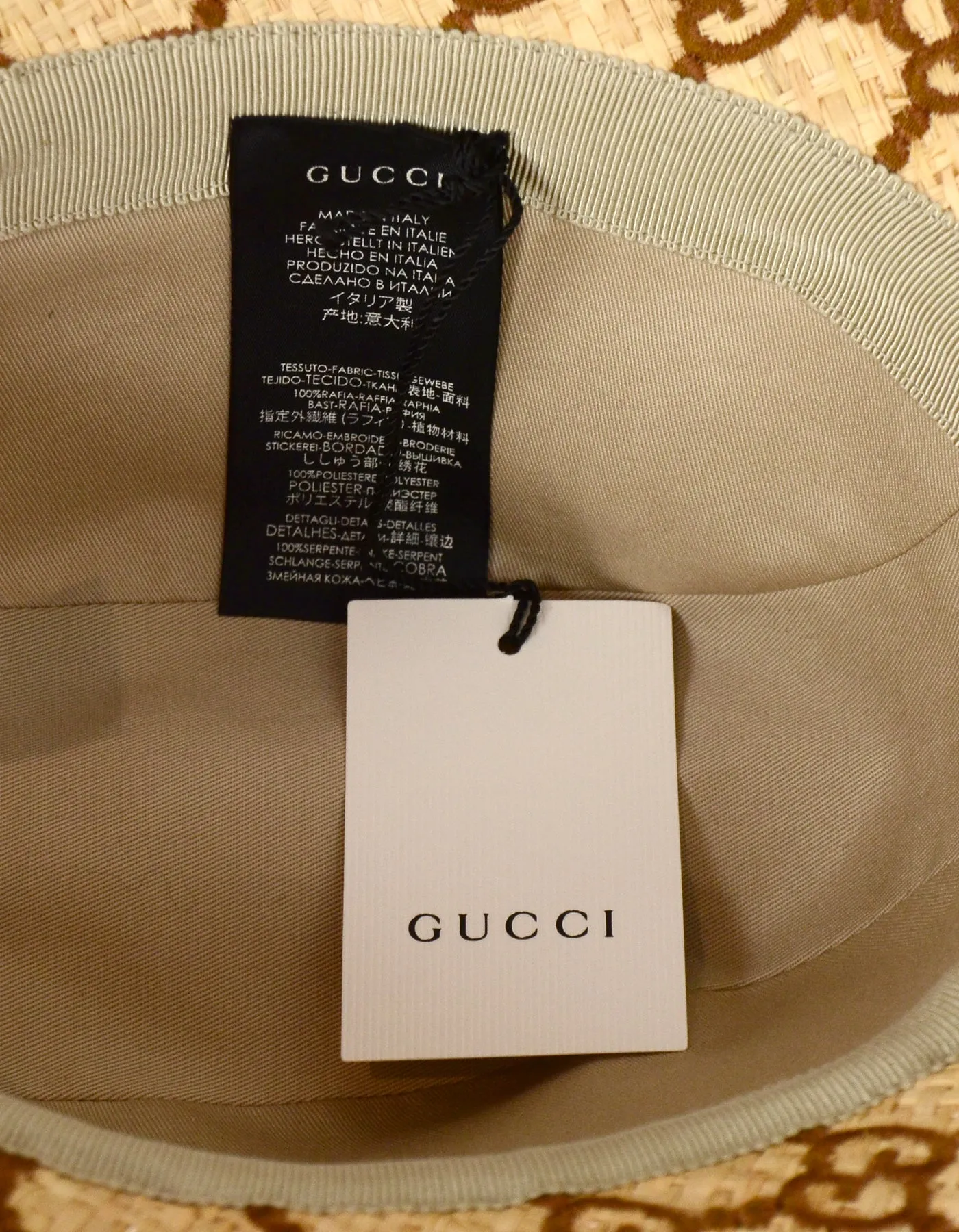 Gucci Monogram Embroidered Watersnake-Trimmed Raffia Hat sz Large