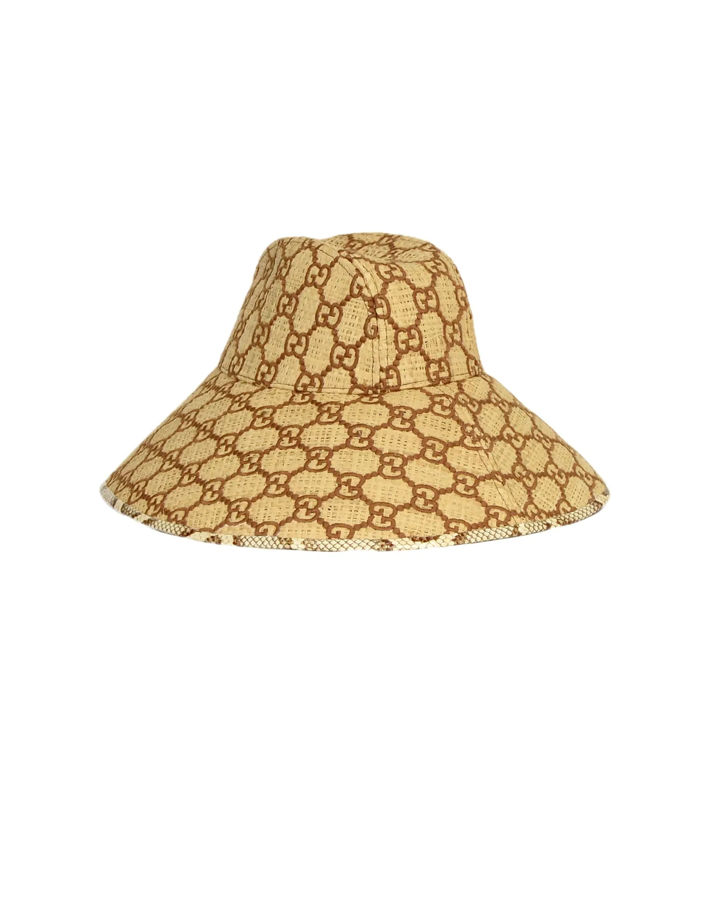 Gucci Monogram Embroidered Watersnake-Trimmed Raffia Hat sz Large