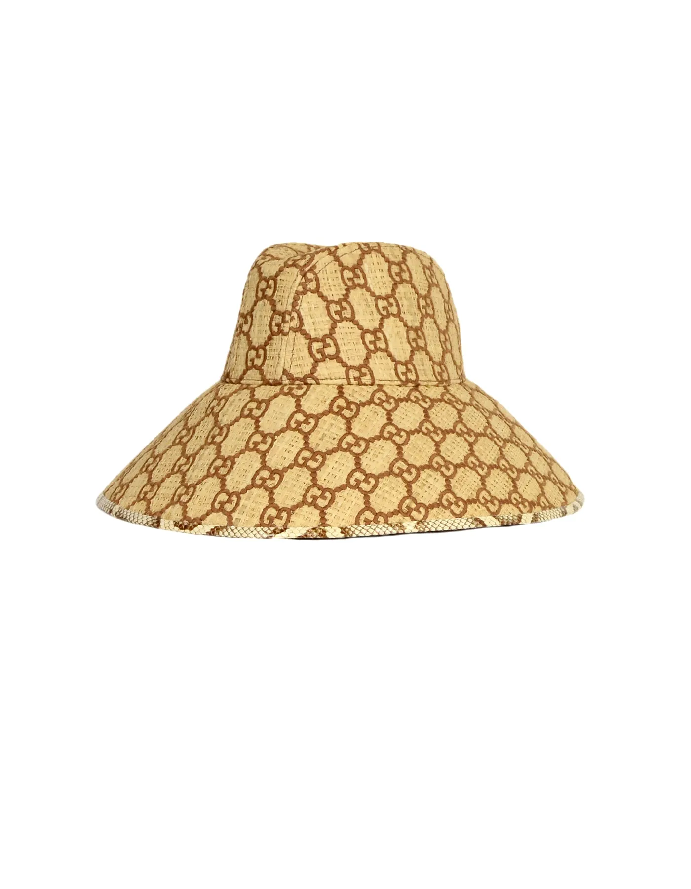 Gucci Monogram Embroidered Watersnake-Trimmed Raffia Hat sz Large