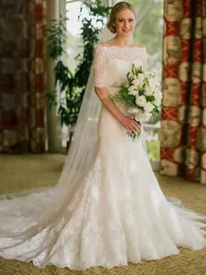 Half Sleeves Mermaid Lace Wedding Dress