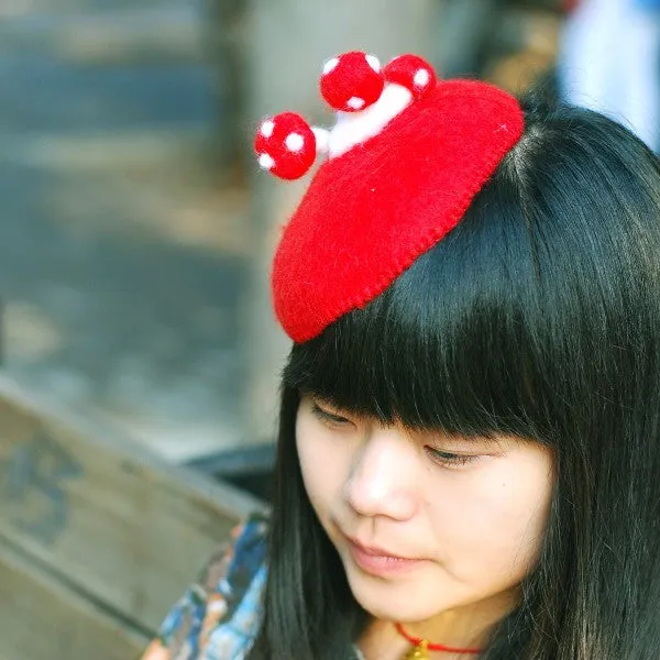 Handmade felted needle felted  red mushroom wool hat hair clip hair accessories