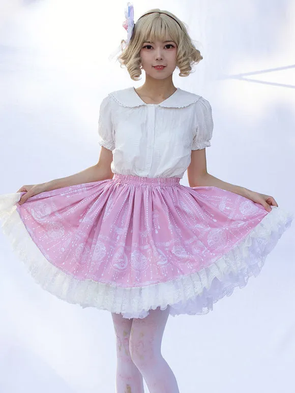 Harajuku Fashion Lolita SK Floral Print Pink Ruffles Lolita Skirts