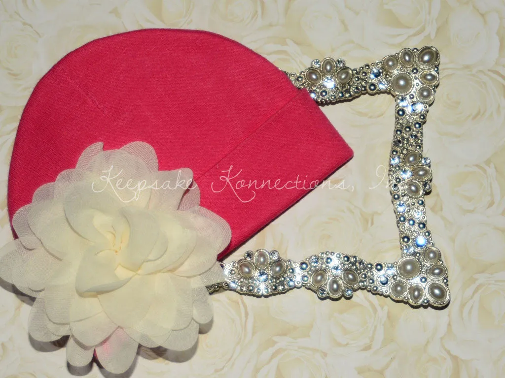 Hot Pink Beanie Hat with 4" Chiffon Flower