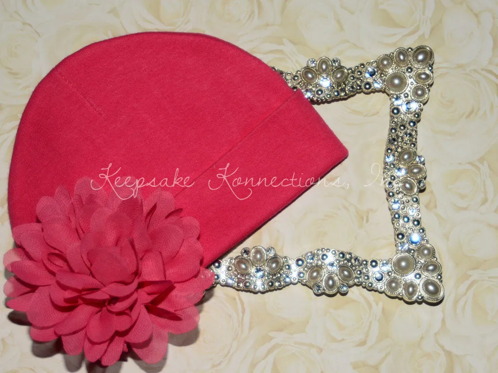 Hot Pink Beanie Hat with 4" Chiffon Flower