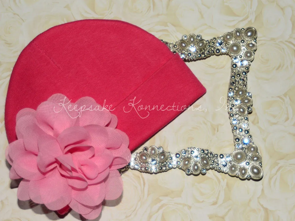Hot Pink Beanie Hat with 4" Chiffon Flower