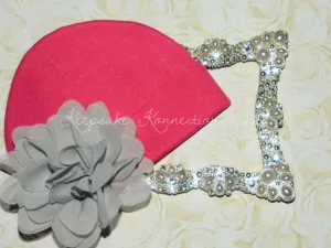 Hot Pink Beanie Hat with 4" Chiffon Flower
