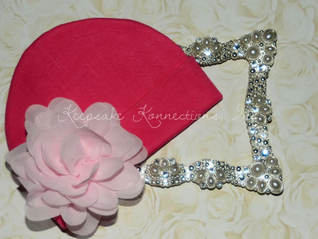 Hot Pink Beanie Hat with 4" Chiffon Flower