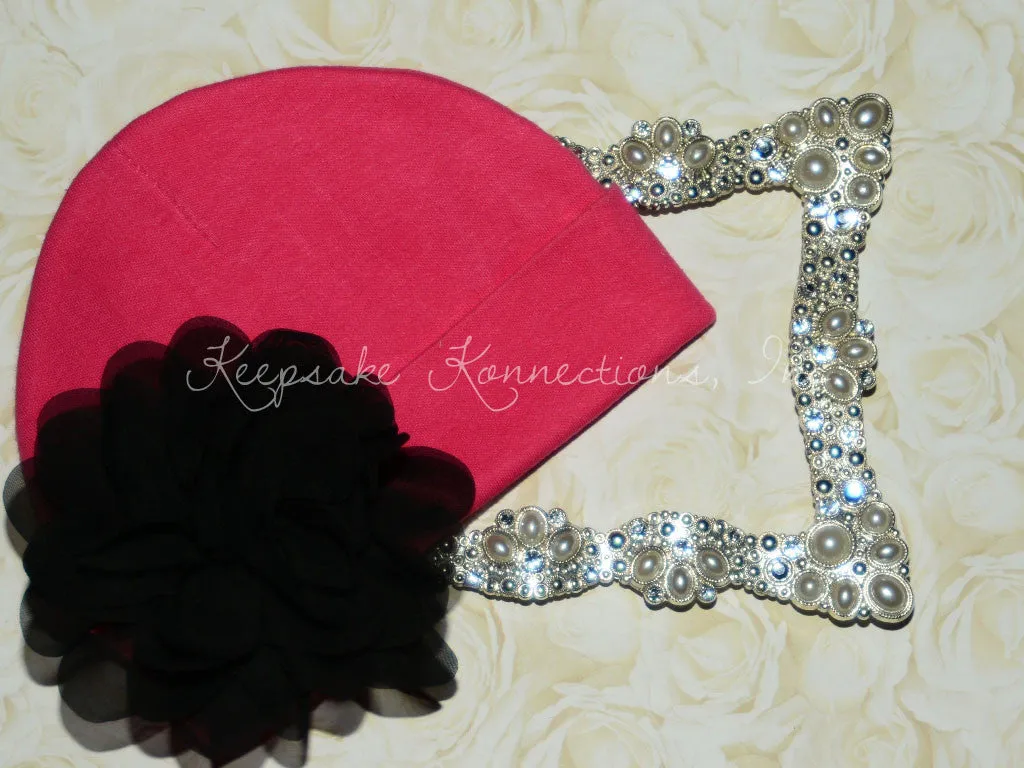 Hot Pink Beanie Hat with 4" Chiffon Flower