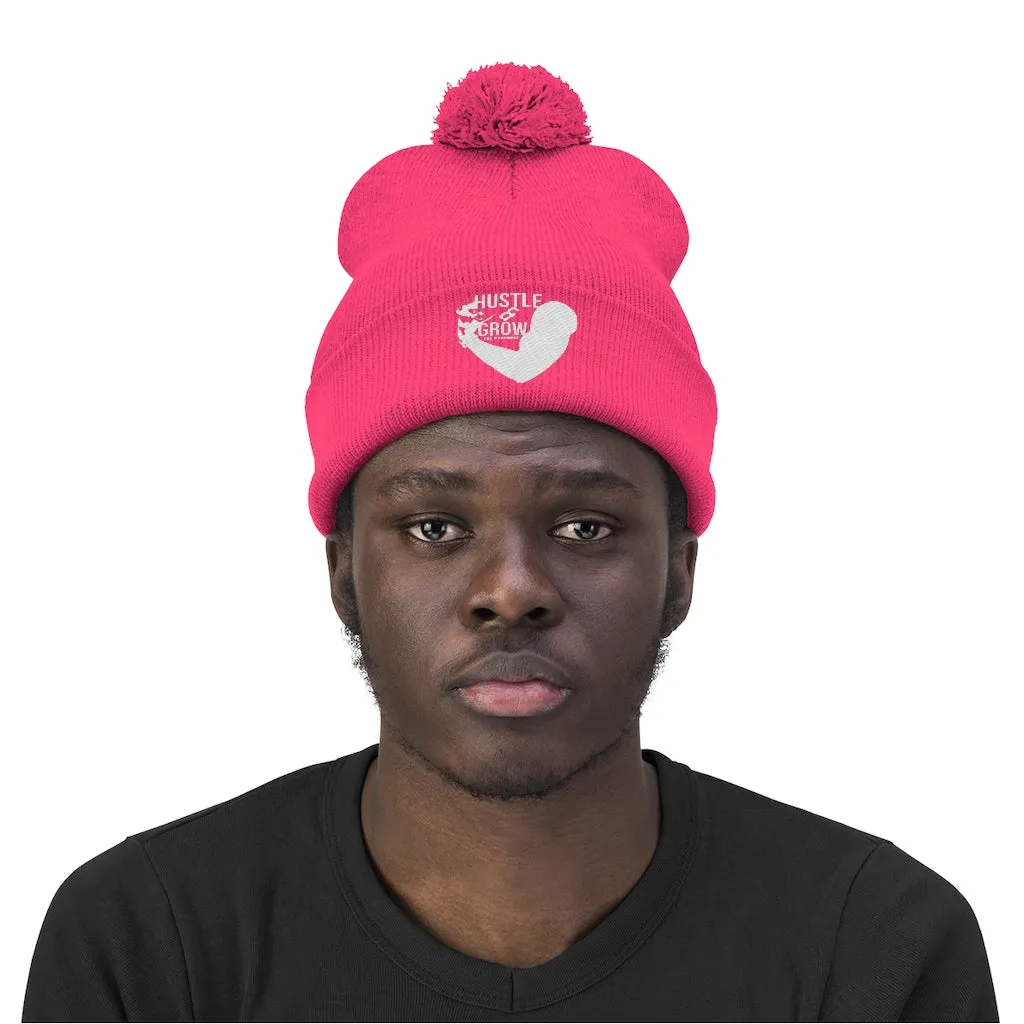 Hustle & Grow Pom Pom Beanie (Neon Pink/White)