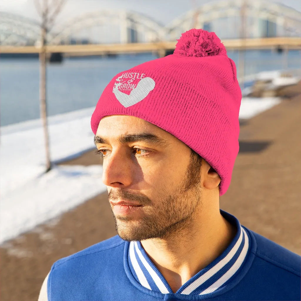 Hustle & Grow Pom Pom Beanie (Neon Pink/White)