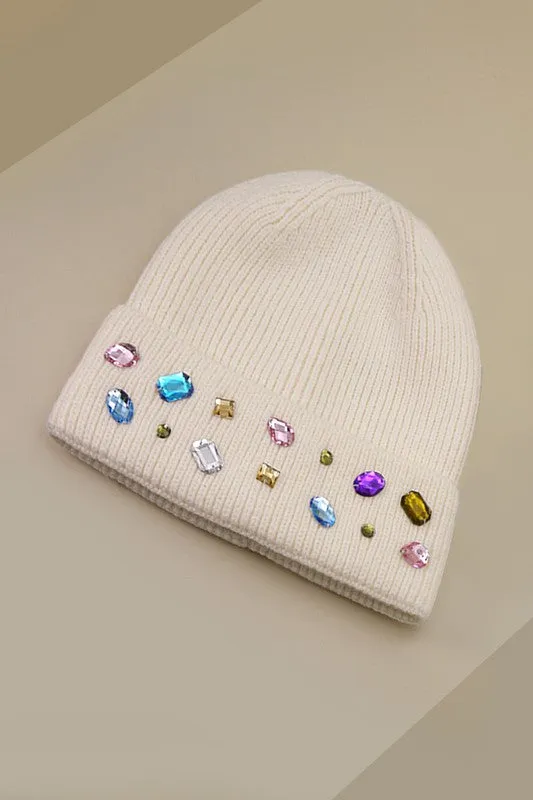 JEWELED COLOR STONE EMBELLISHMENT BEANIE | 40BN906