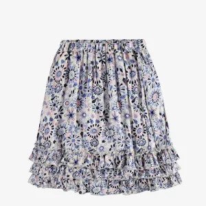 Jupe longue blanche à volants avec motif floral en viscose, enfant || Long white skirt with ruffles and a floral print in viscose, child