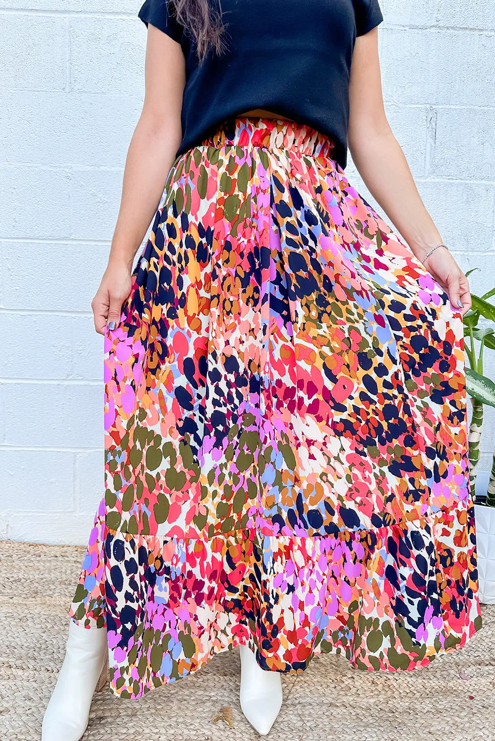 KaleaBoutique Abstract Floral Print Ruffled High Waist Maxi Skirt