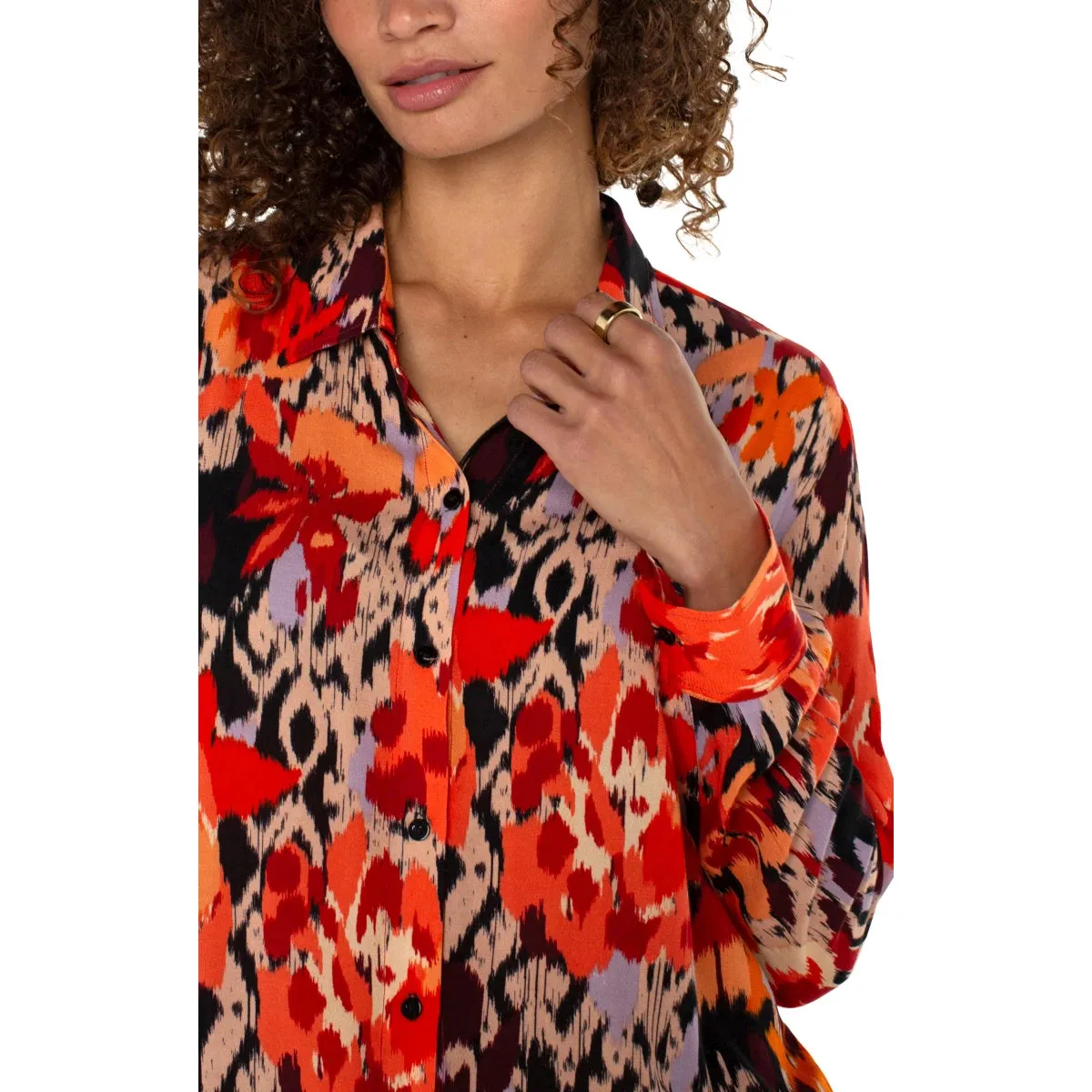 Liverpool Long Sleeve Button Front Woven Shirt - Burnt Orange Floral