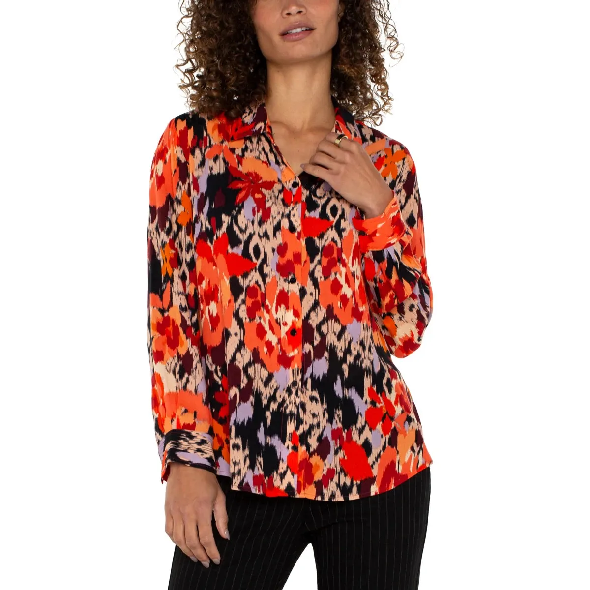 Liverpool Long Sleeve Button Front Woven Shirt - Burnt Orange Floral