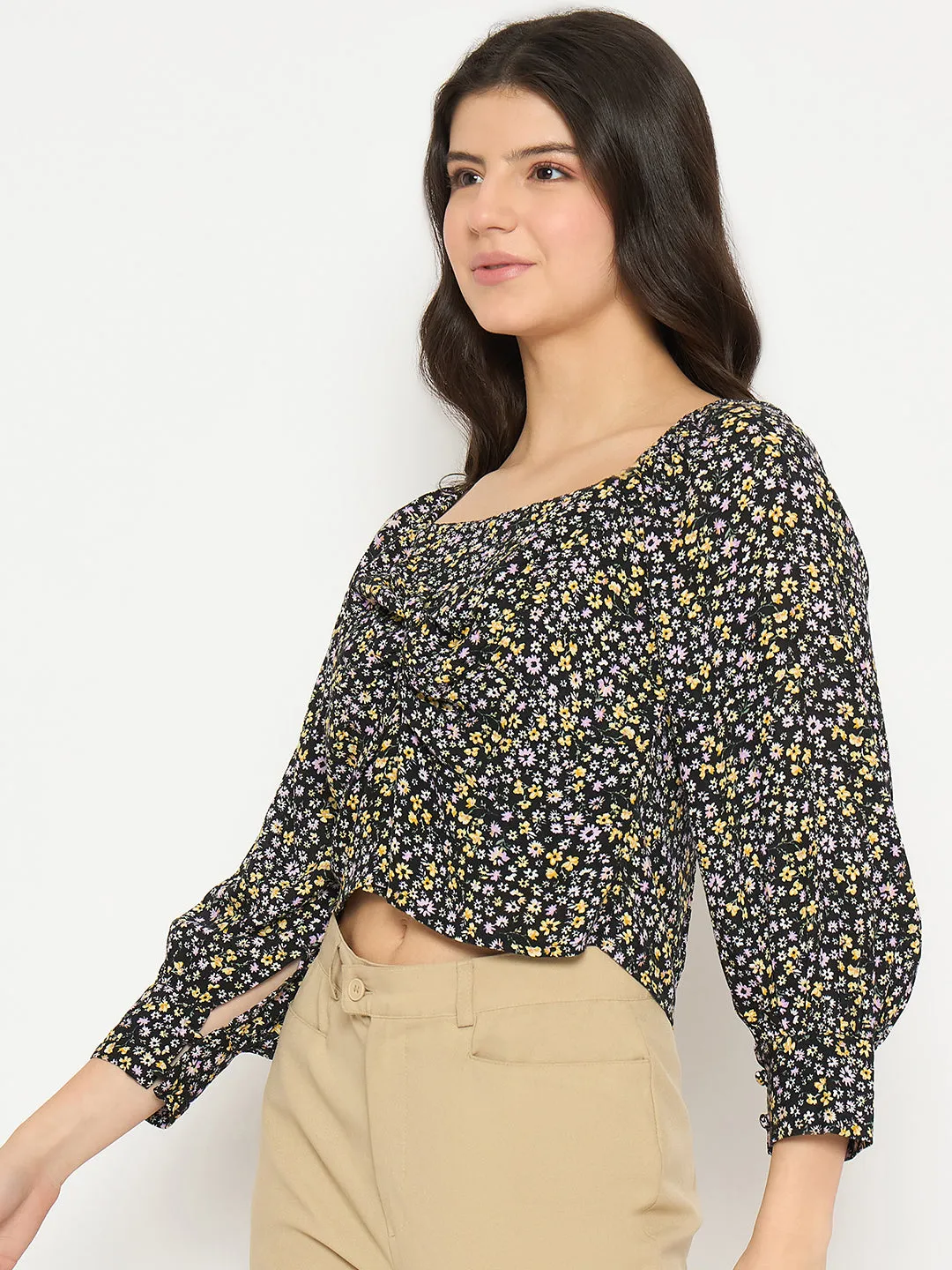 Madame Floral Print Black Crop Top