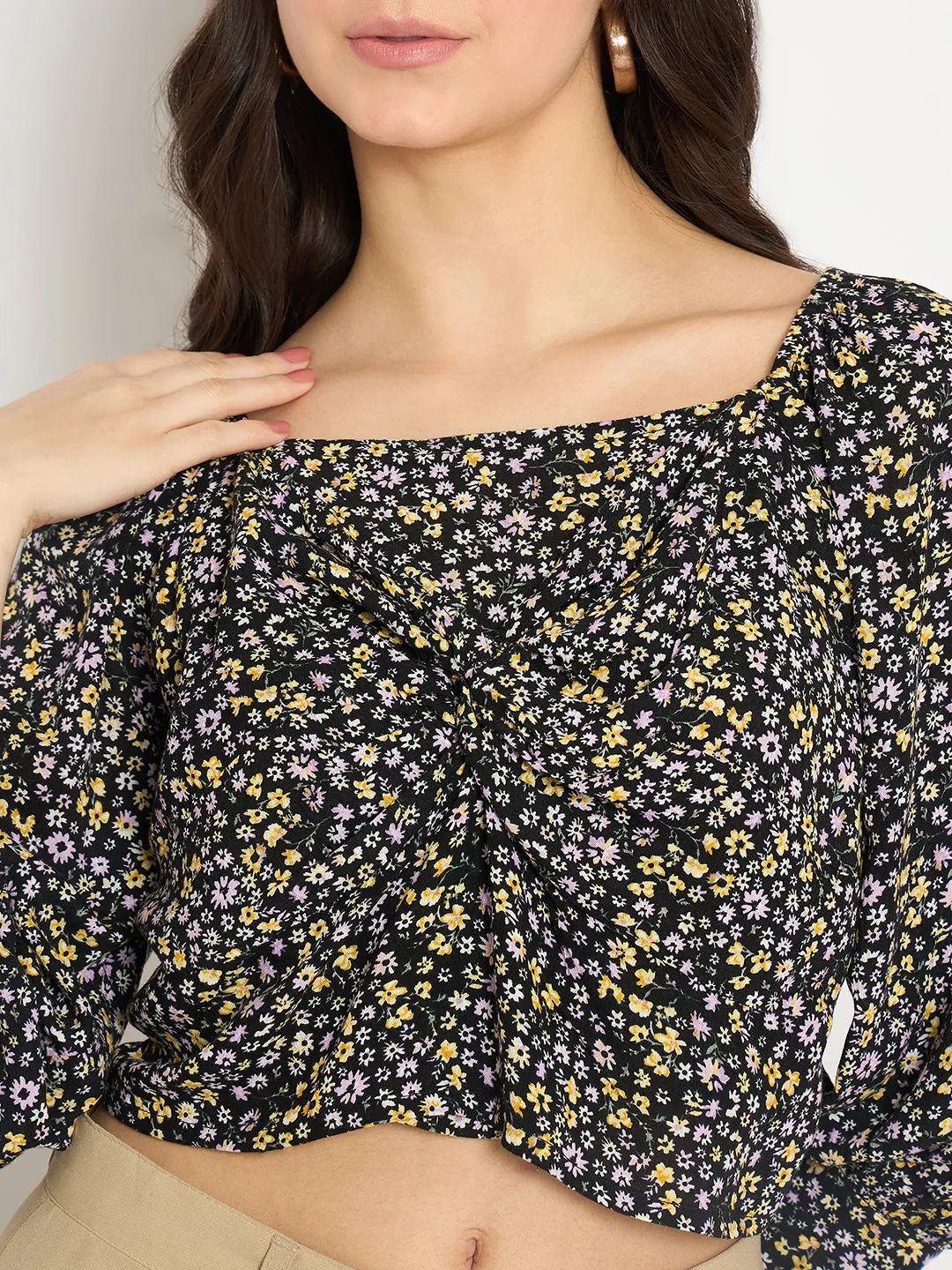 Madame Floral Print Black Crop Top