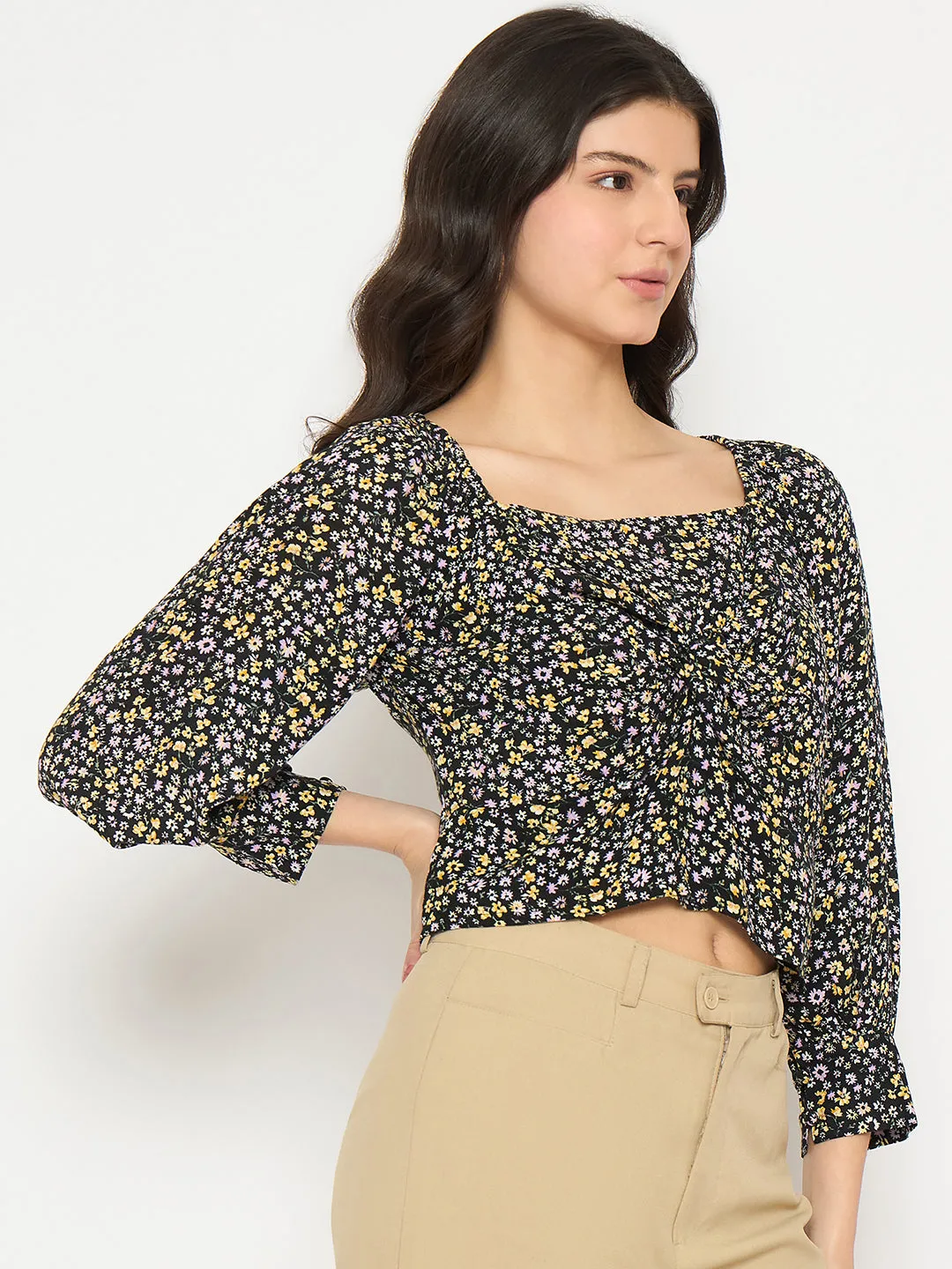 Madame Floral Print Black Crop Top