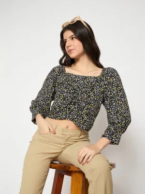 Madame Floral Print Black Crop Top