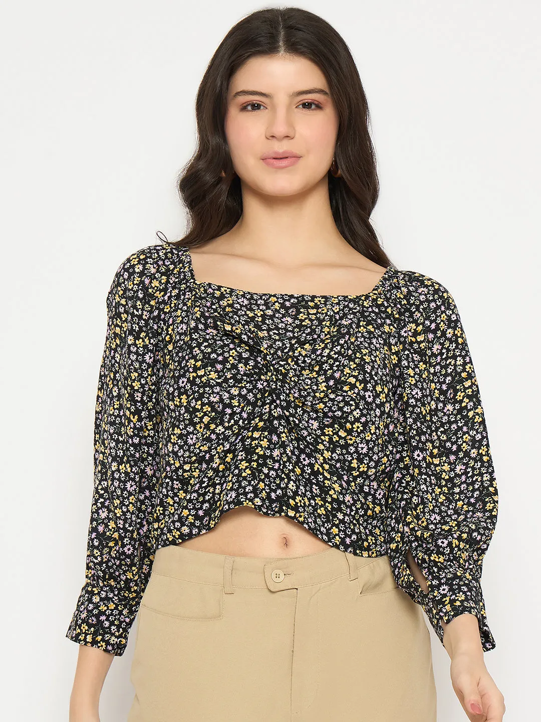 Madame Floral Print Black Crop Top