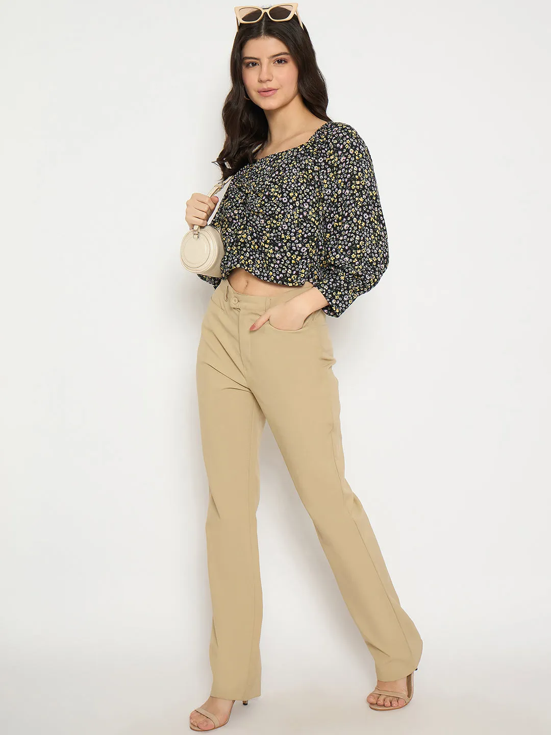 Madame Floral Print Black Crop Top