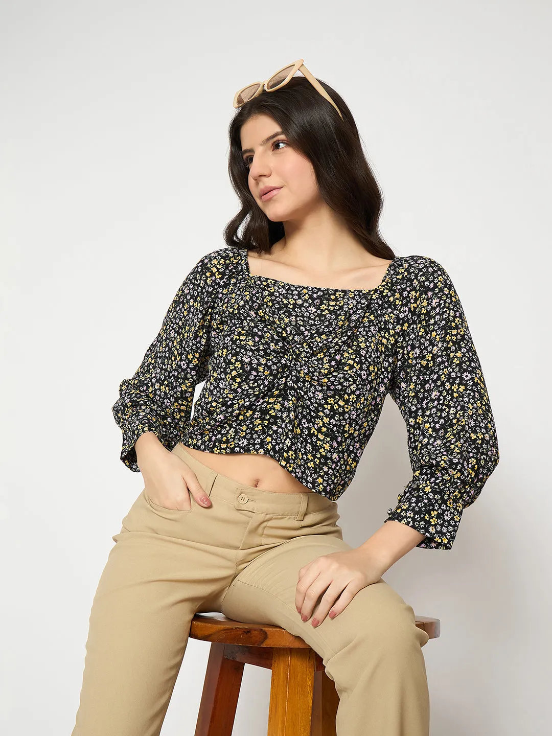 Madame Floral Print Black Crop Top