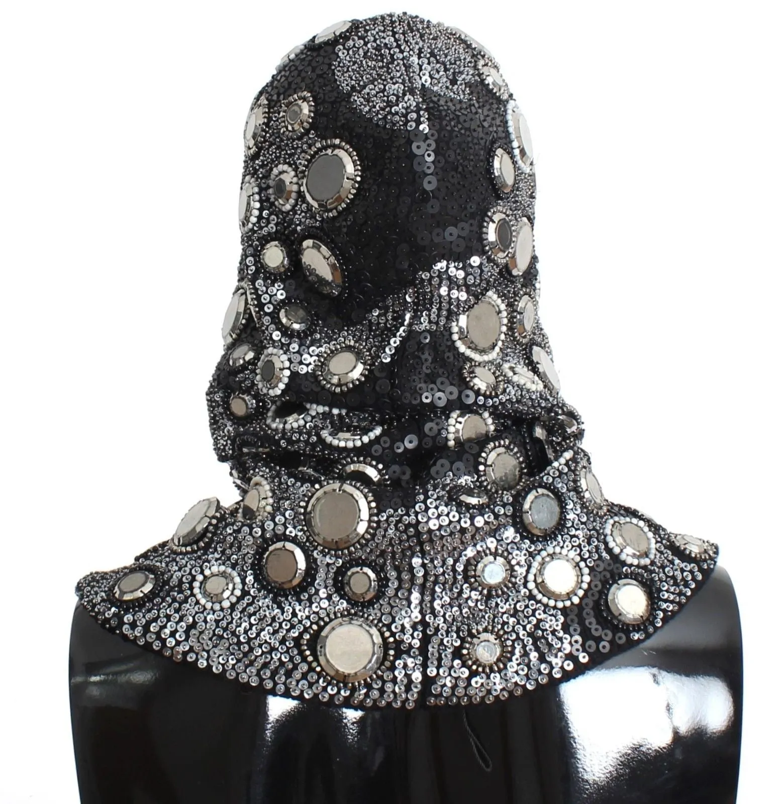 Men's Black Wool Crystal Runway Catwalk Crochet Hood