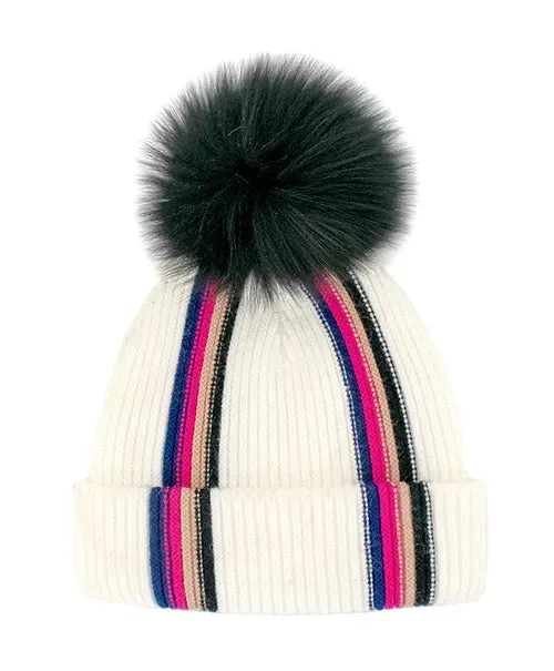 Mitchie's Matchings | Modern Stripes Knitted Hat with Fox Fur Pom | Women's