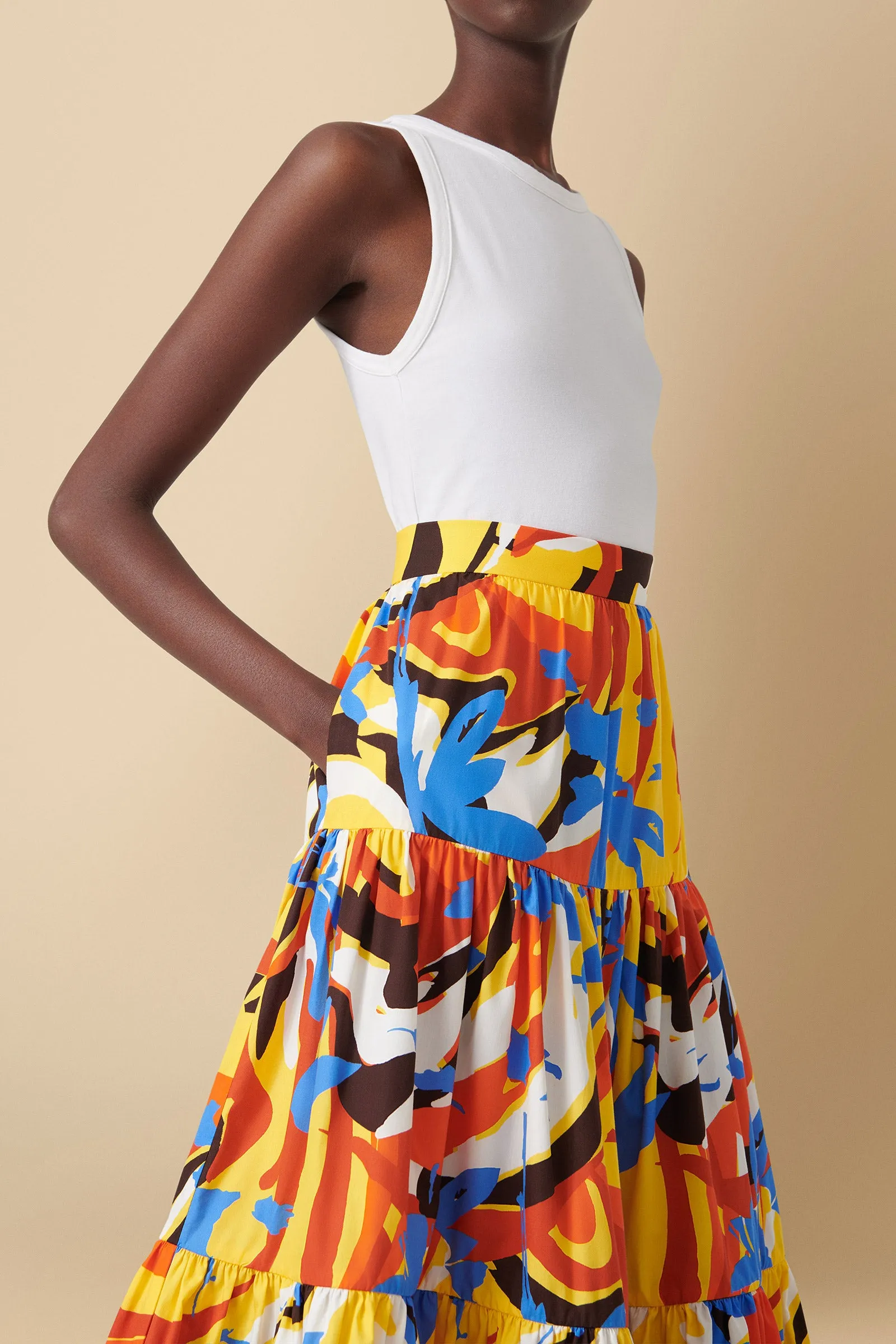 Mueni Geo-Floral Print Tiered Midi Skirt in Cotton Poplin