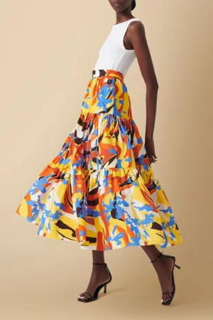Mueni Geo-Floral Print Tiered Midi Skirt in Cotton Poplin