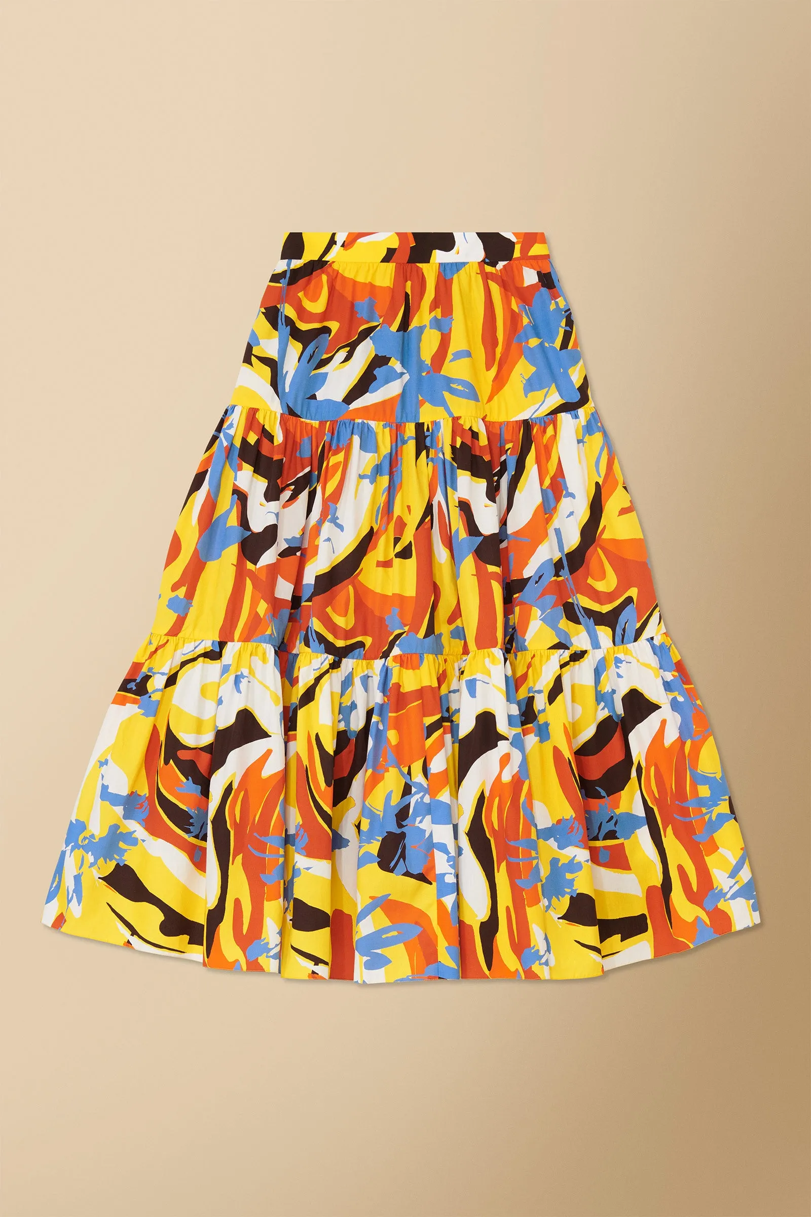 Mueni Geo-Floral Print Tiered Midi Skirt in Cotton Poplin