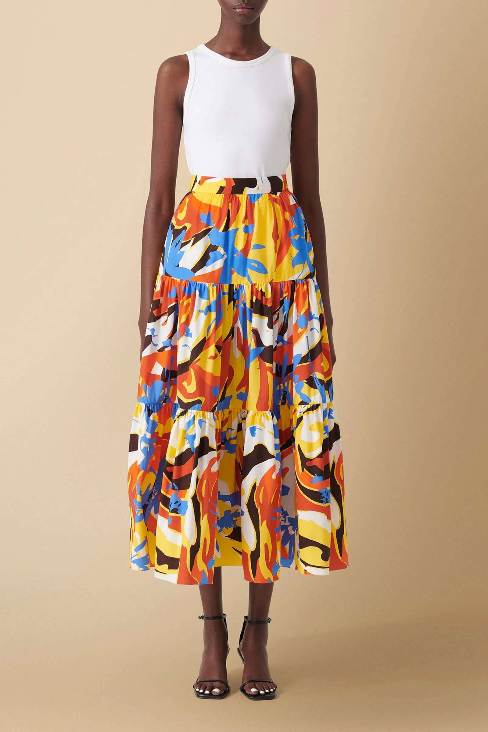 Mueni Geo-Floral Print Tiered Midi Skirt in Cotton Poplin