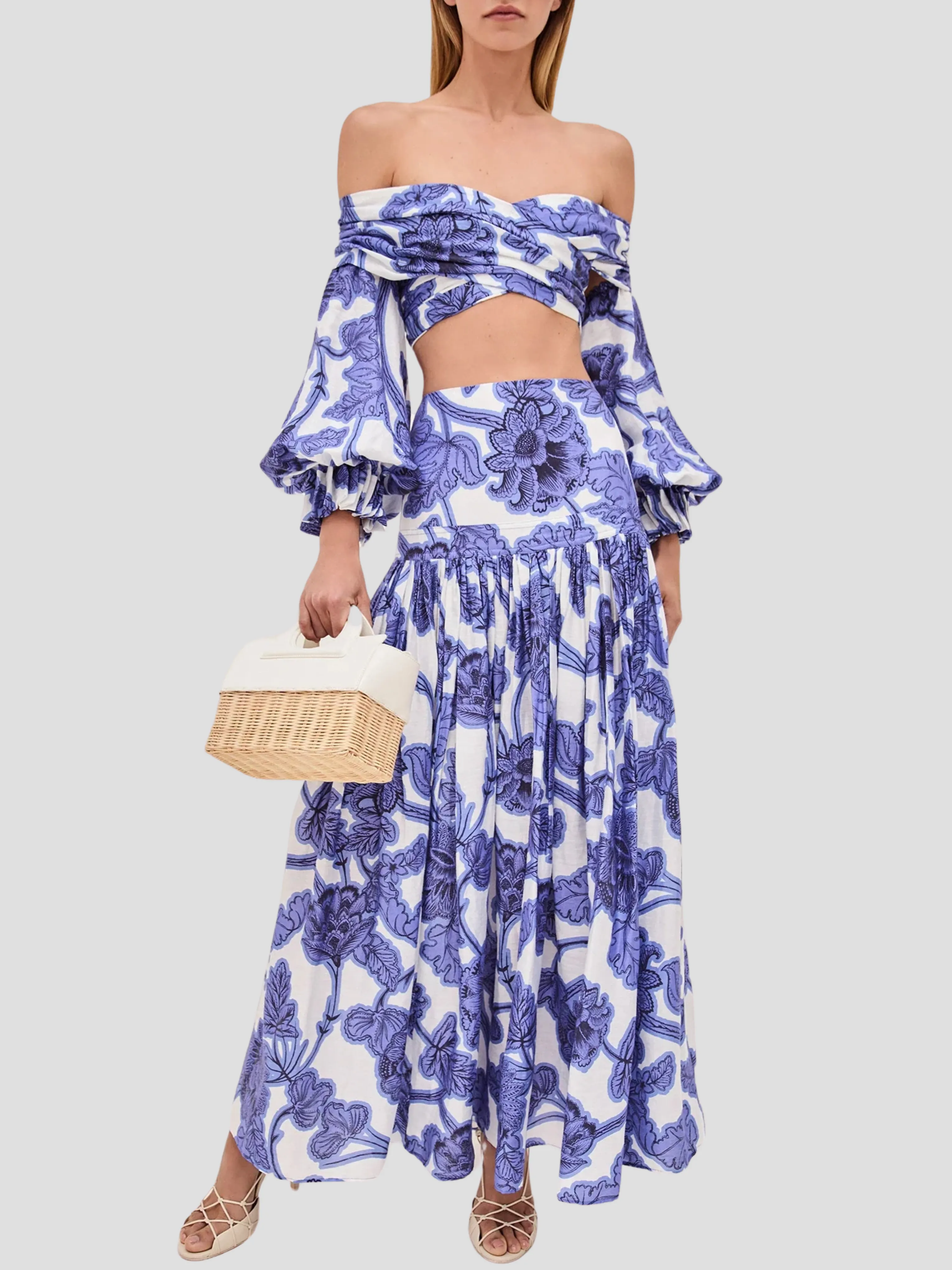 Napoli Floral Linen Skirt in Blue and White