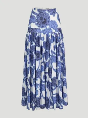 Napoli Floral Linen Skirt in Blue and White