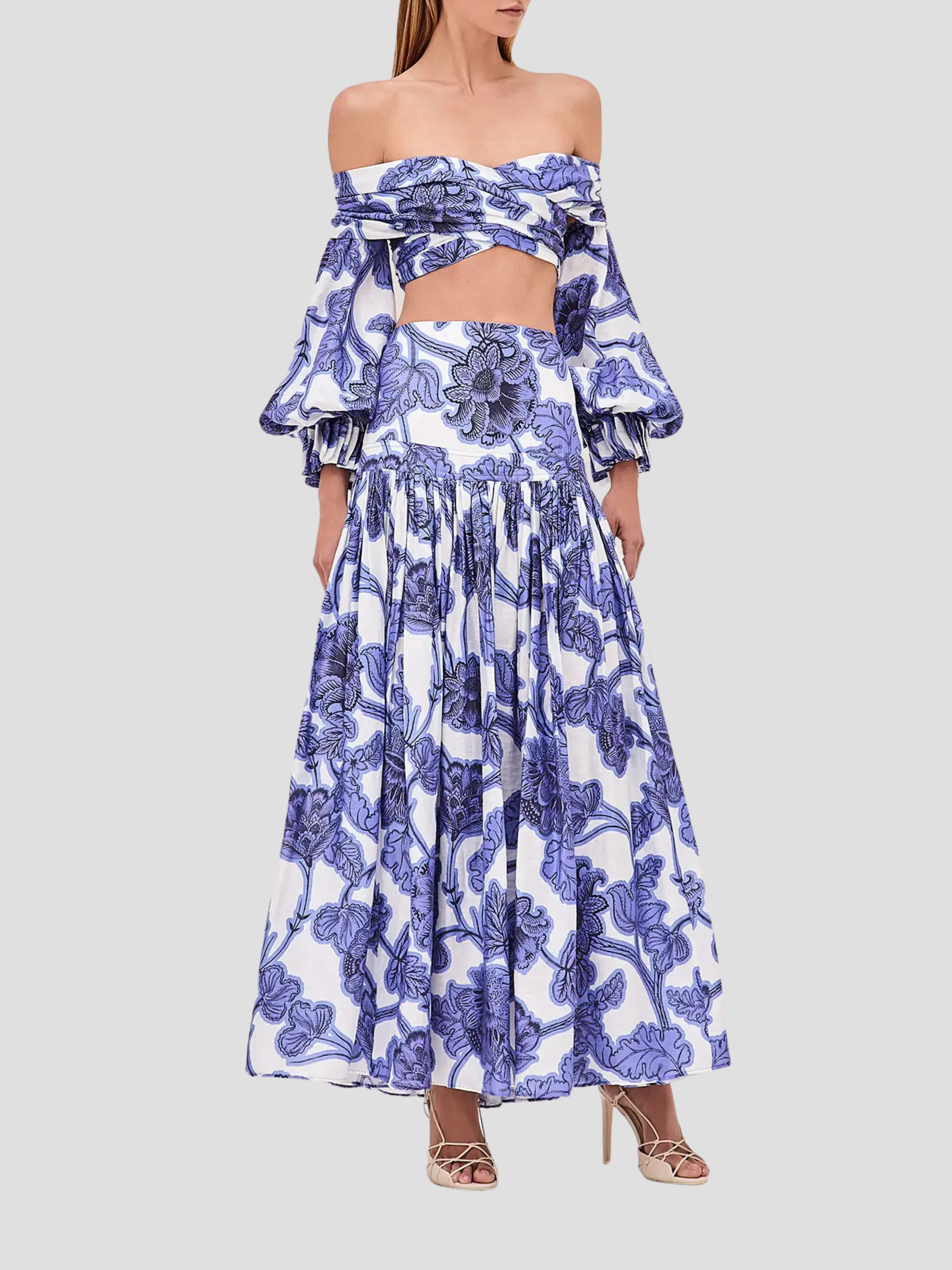 Napoli Floral Linen Skirt in Blue and White
