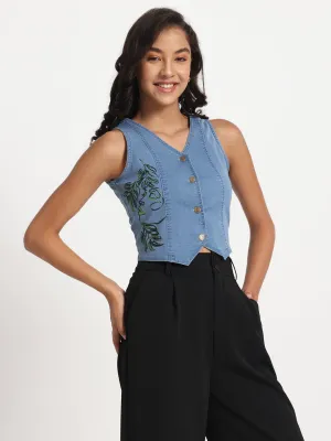 Nature's Grace Hand-Painted Buttoned Denim Top