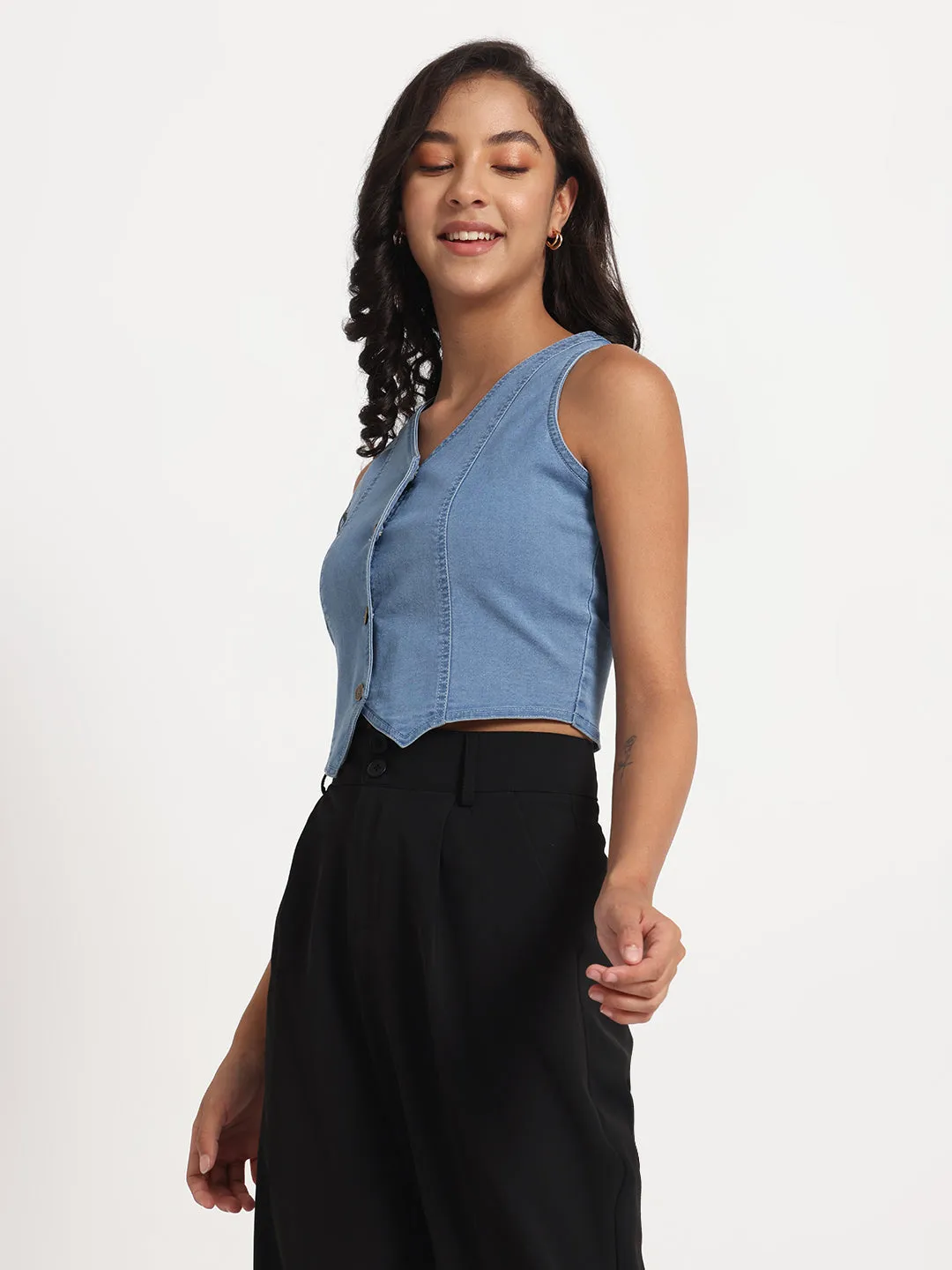 Nature's Grace Hand-Painted Buttoned Denim Top